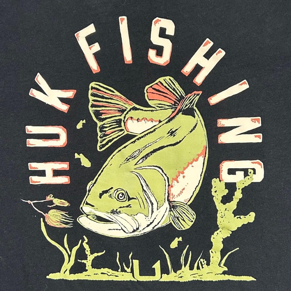 Huk Fishing Mens XL Black Graphic T-Shirt Bass Fish Short Sleeve USA Cotton